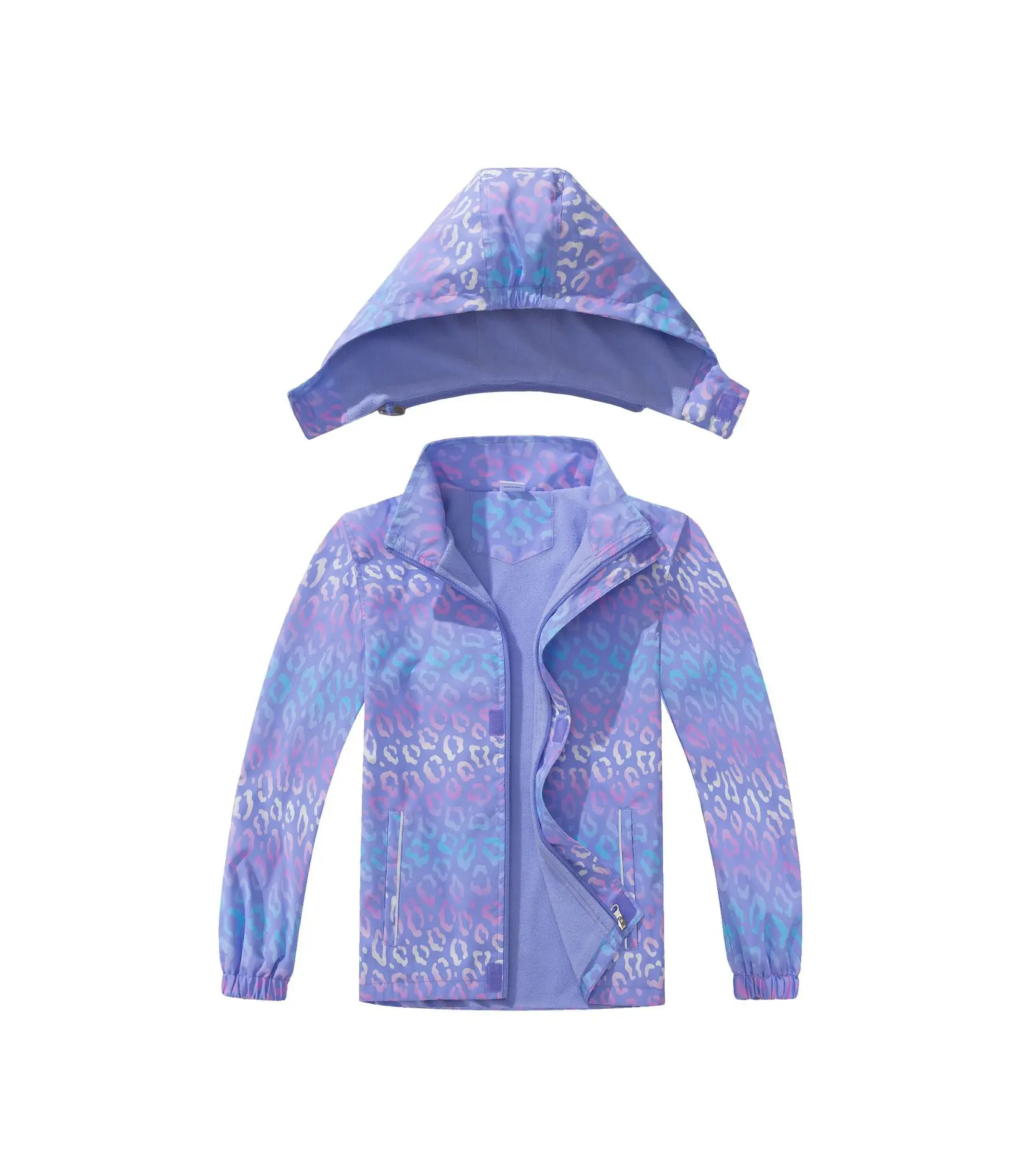 2026 Girls Waterproof Gradient Lavender Detachable Hood Zip Fleece Lined Hiking Jacket Kids Track Coat Child Work Windbreaker