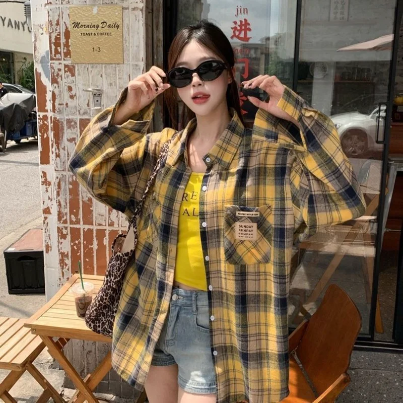 

Thin Plaid Shirt Long Sleeve Lazy Design Casual Loose Top for Women