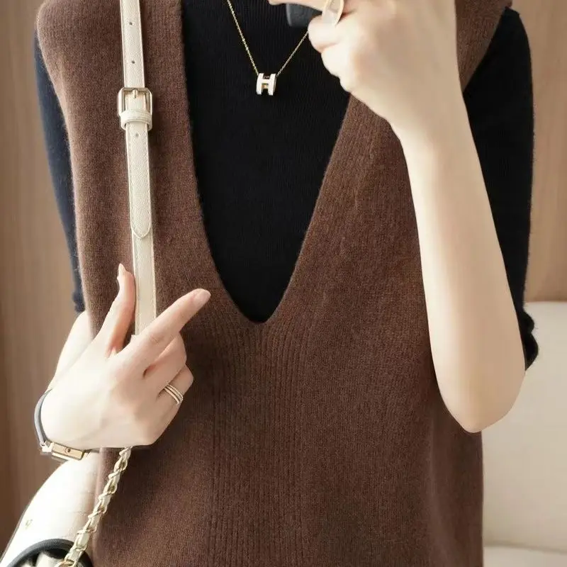 V-neck Knitting Ladies Pullovers Autumn Winter Solid Color Sleeveless Women\'s Clothing Simplicity Interior Lapping Sweater Vest