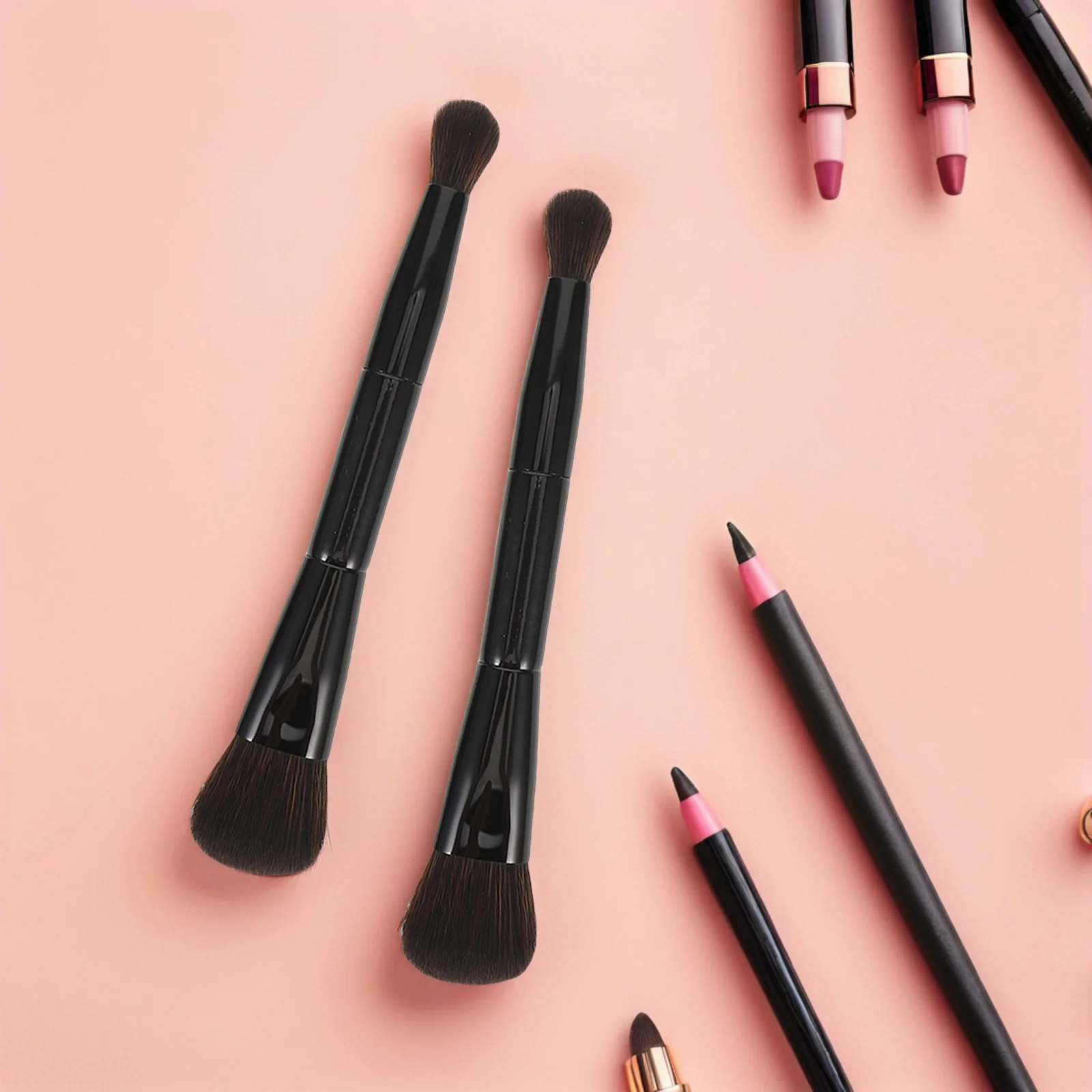 2 Stück doppelseitiger Make-up-Pinsel, multifunktional, weich, doppelseitig, Rouge, Kontur, Puder, Textmarker, reisefreundlich, für Gesicht und Augen