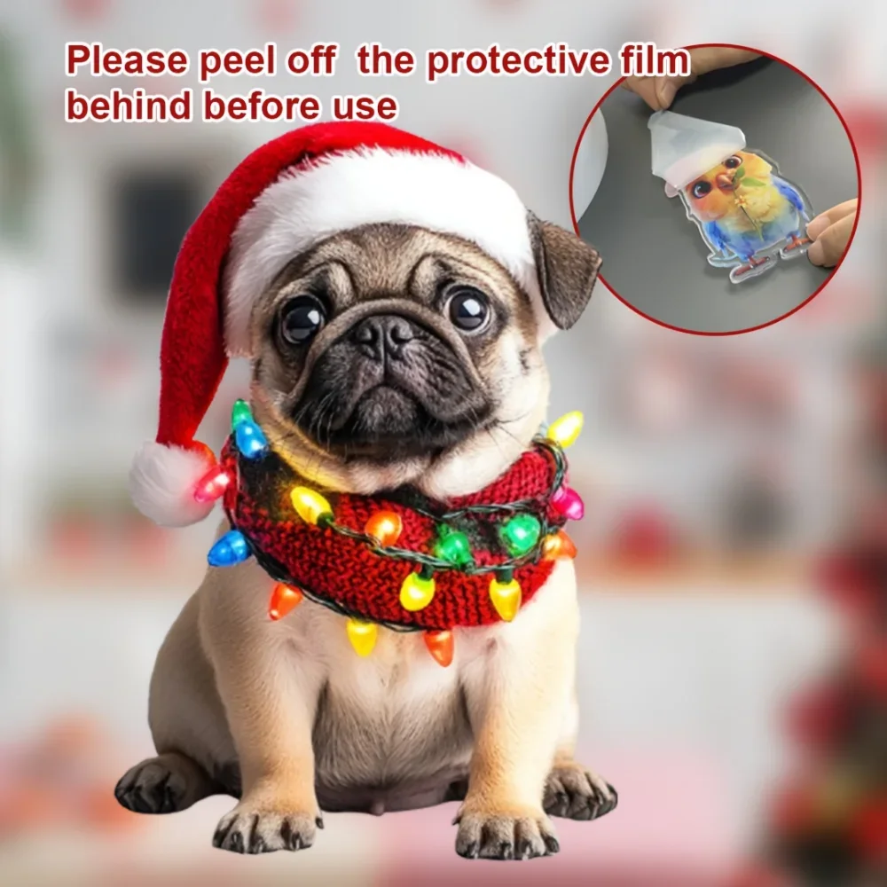 Charming Pug Christmas Pendant Keychain,Cartoon Puppy 2D Acrylic Versatile Charm,for Car Mirror,Backpack,Festive,Home,Gift&Decor