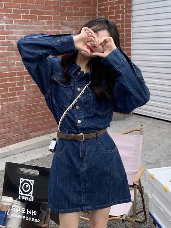 กระโปรงยีนส์ทรงเอเอวสูงสำหรับผู้หญิง รุ่นกระชับสัดส่วน ช่วยเก็บหน้าท้อง  กระโปรงยาว  คอปกสไตล์นักศึกษา  สำหรับฤดูใบไม้ร่วงและฤดูหนาว