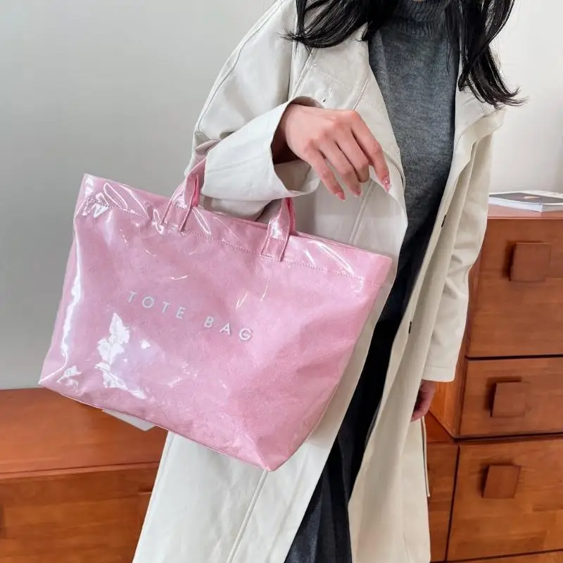 

Functional PVC Top Handle Bag with Unique Kraft Paper Design Spacious Interior Commuters Handbag for Daily Essential 547A