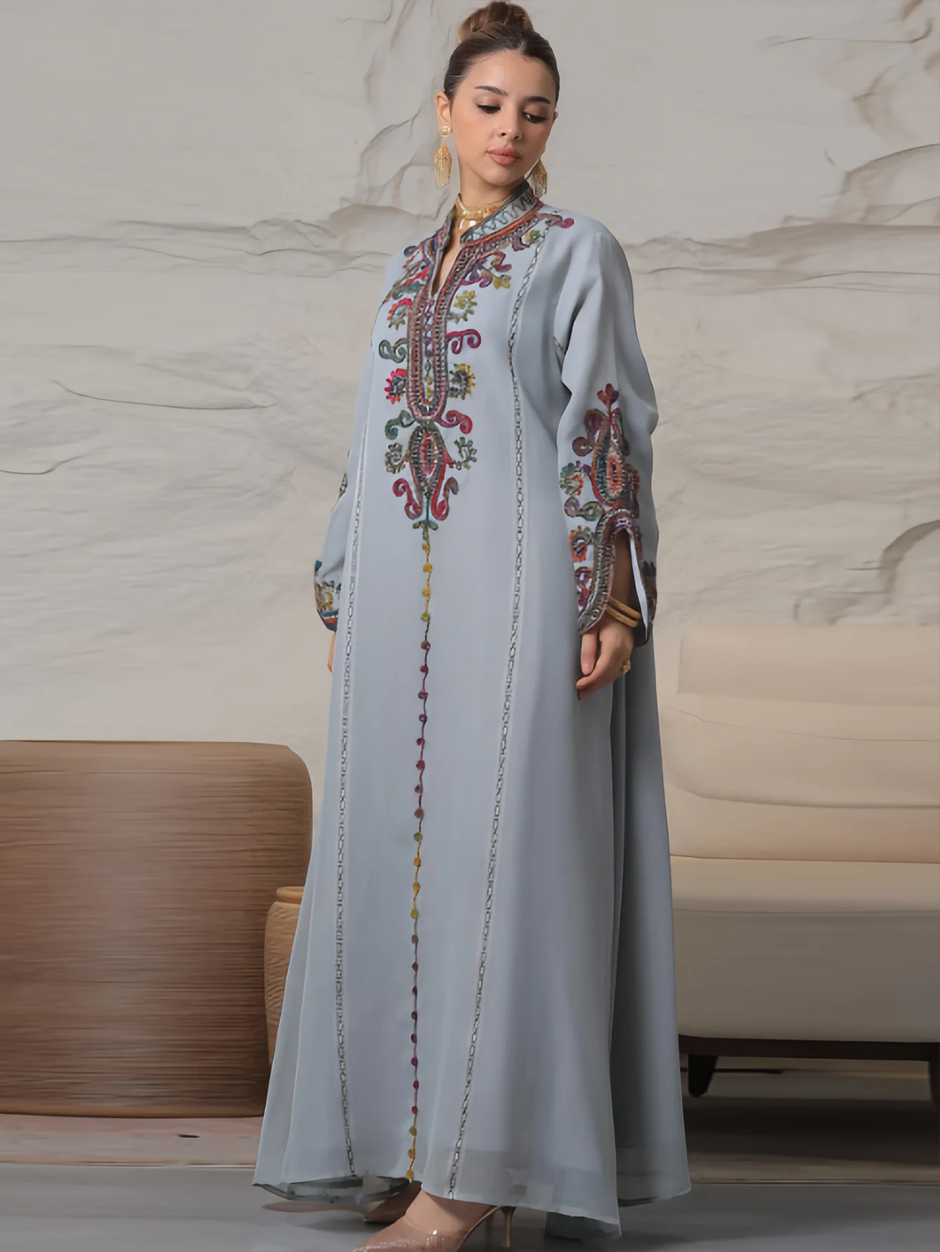 Eid Morocco Party Dress Women Muslim Abaya Stand Collar Fashion Dubai Abayas Embroidery Kaftan Elegant Robe Vestidos Turkey Gown