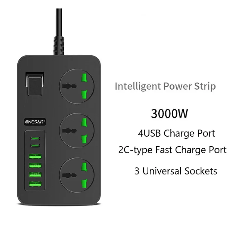 US EU UK 3 Ports 2 PD Type C 4 USB Fast Charger 2.1A 5V 3000W Universal Outlets Power Strip for Residential Commercial