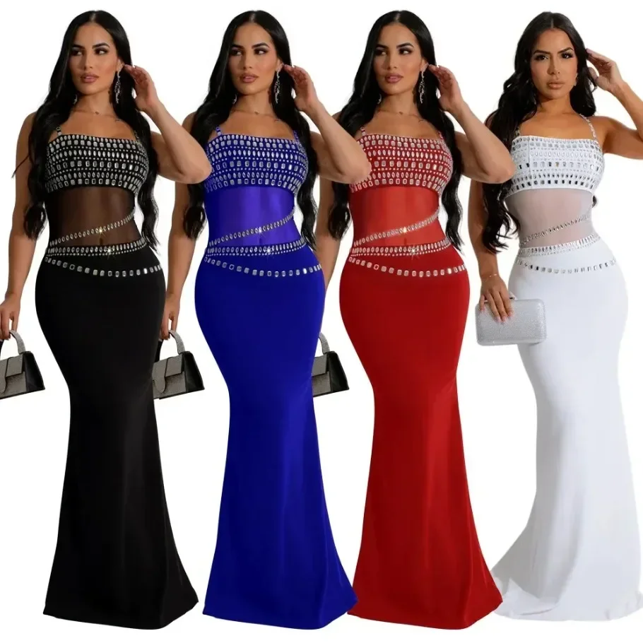 African Party Evening Dresses for Women Summer Sexy Africa Sleeveless Rhinestone Long Maxi Bodycon Dress Dashiki African Clothes