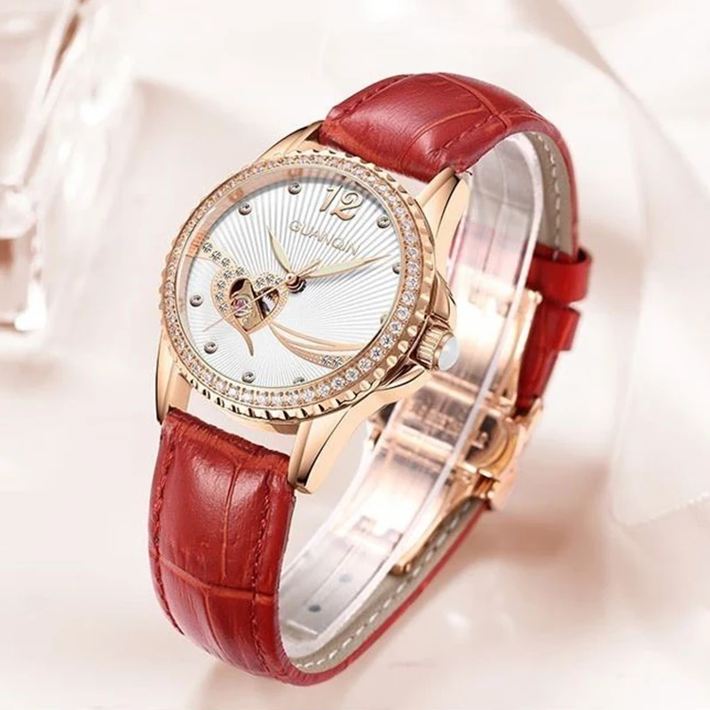 GUANQIN Luxury Women Mechanical Watch Automatic Movement Heart-Shaped Skeleton Steel Dial Leisure 50M Waterproof Luminous Clock