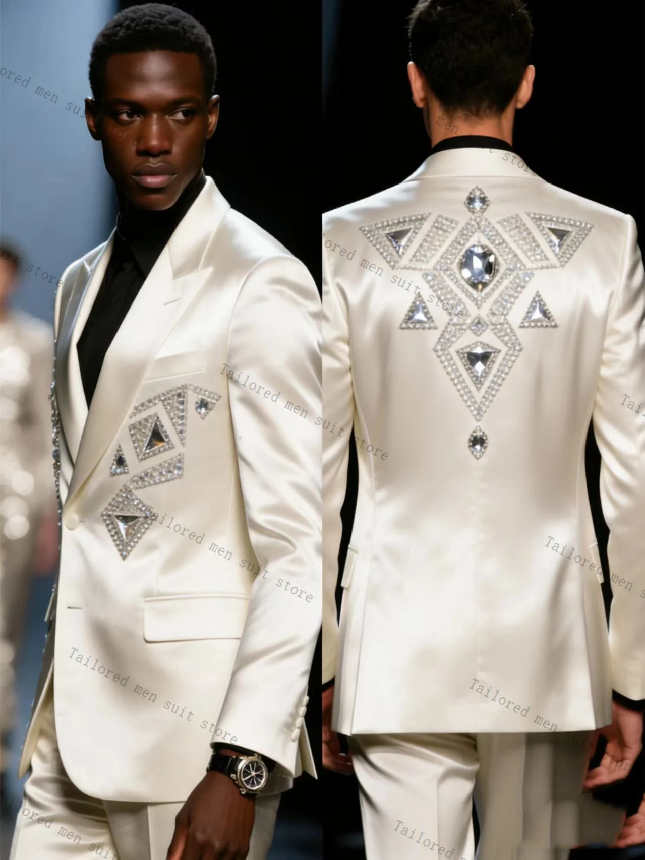 

Luxury Men Suits Pants Set 2 Pcs White Satin Blazer+Trousers Groom Wedding Tuxedos Jacket Formal Office Business Coat Outfit