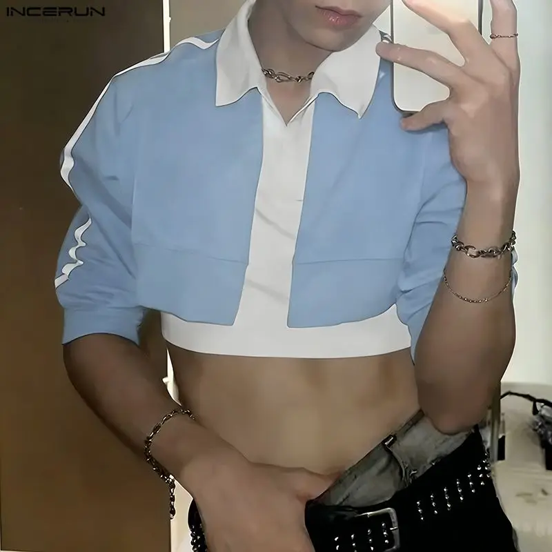 INCERUN Men Shirt Patchwork Lapel Long Sleeve Loose Casual Menswear Clothing Streetwear 2026 Stylish Crop Tops For Man Camisa