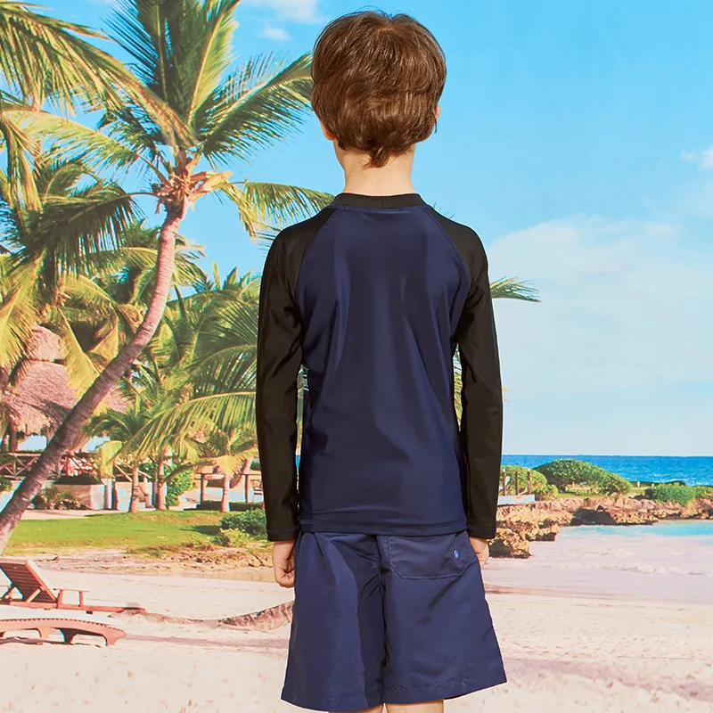 Summer Boys Long Sleeve Rashguard Kids Swim Suit UPF 50+ Sun Protection Shirts Boys Swimwear Navy Rash Guard Beach Wear