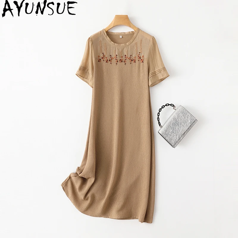 

AYUNSUE 92% Natural Mulberry Silk Dresses for Women Embroidery Womens Clothing Summer 2024 New Mid Length Dress Vestido Mujer