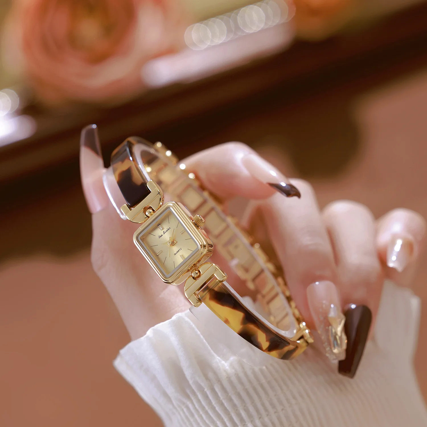 French Square Small Dial Pointer Style Tortoiseshell Amber Bracelet Chain Waterproof Women Analog Wrist Watch Delivery Box