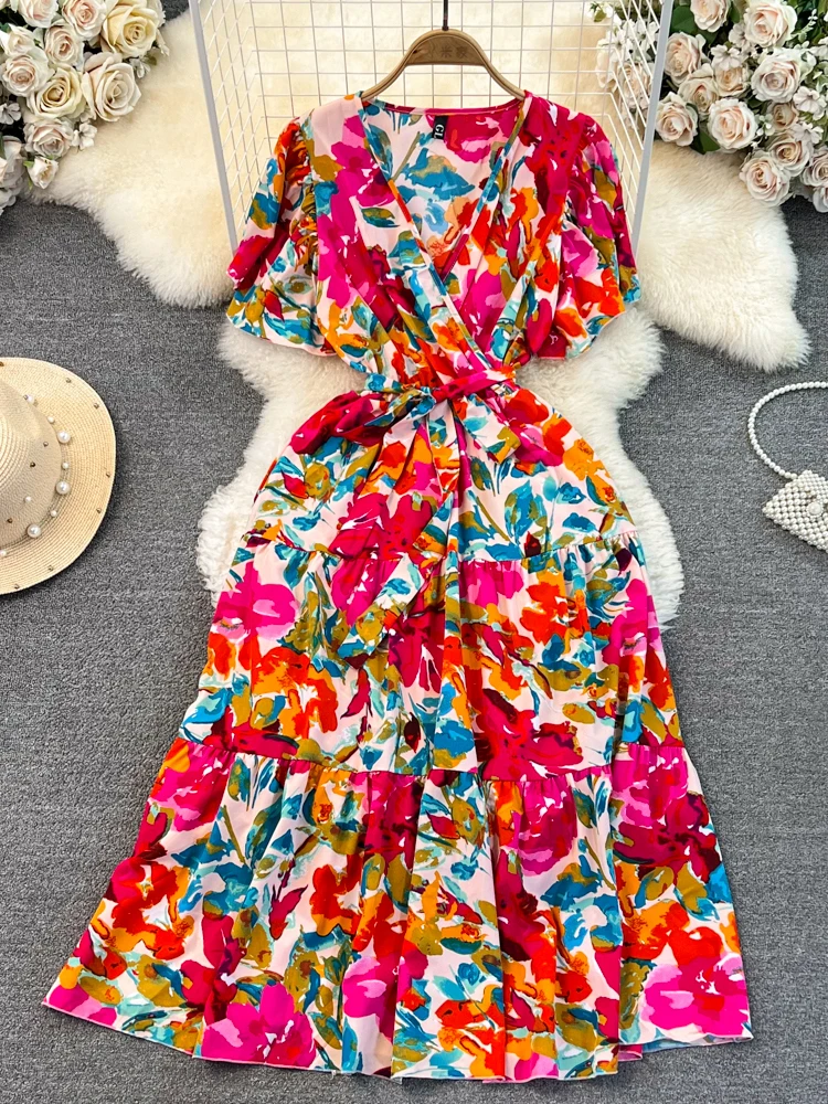 Sommer Frauen floarl Kleid Vintage V-Ausschnitt Kurzarm gedruckt A-Linie elegante Midi Vestidos weibliche lässige Robe Bohemian neu