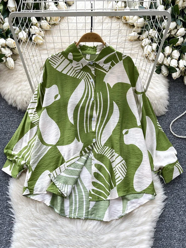 Kemeja Leher Polo Cetak Gaya Perancis Retro Musim Semi Musim Gugur untuk Wanita Atasan Blus Lengan Panjang Longgar dan Unik Modis Baru C165