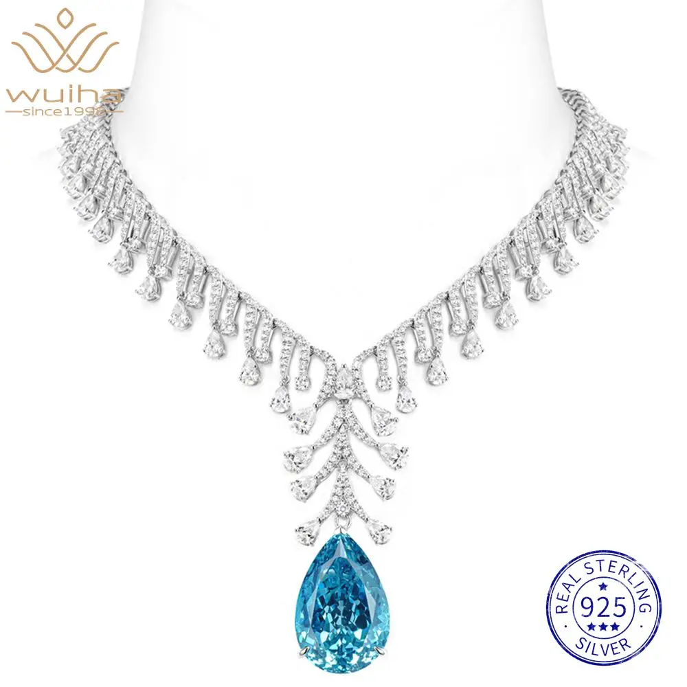 

WUIHA Luxury Pear Cut Paraiba High Carbon Diamonds Gemstone Necklaces Anniversary Cocktail 100% 925 Sterling Silver Fine Jewelry