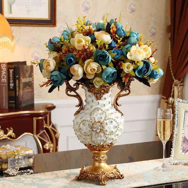 Vase creative retro resin European style, home decoration handicraft simulation flower set, suitable for living room dining room