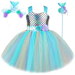 Glittery Mermaid Princess Costume Girls Ocean Seamaid Ballet Tutu Dress Kids Christmas Outfit Birthday Clothes with Flowers Belt