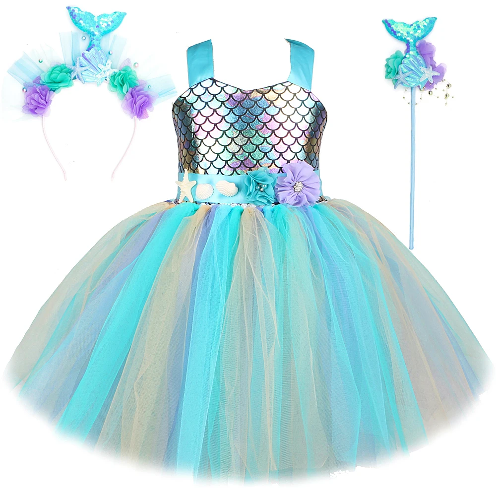 Glittery Mermaid Princess Costume Girls Ocean Seamaid Ballet Tutu Dress Kids Christmas Outfit Birthday Clothes with Flowers Belt