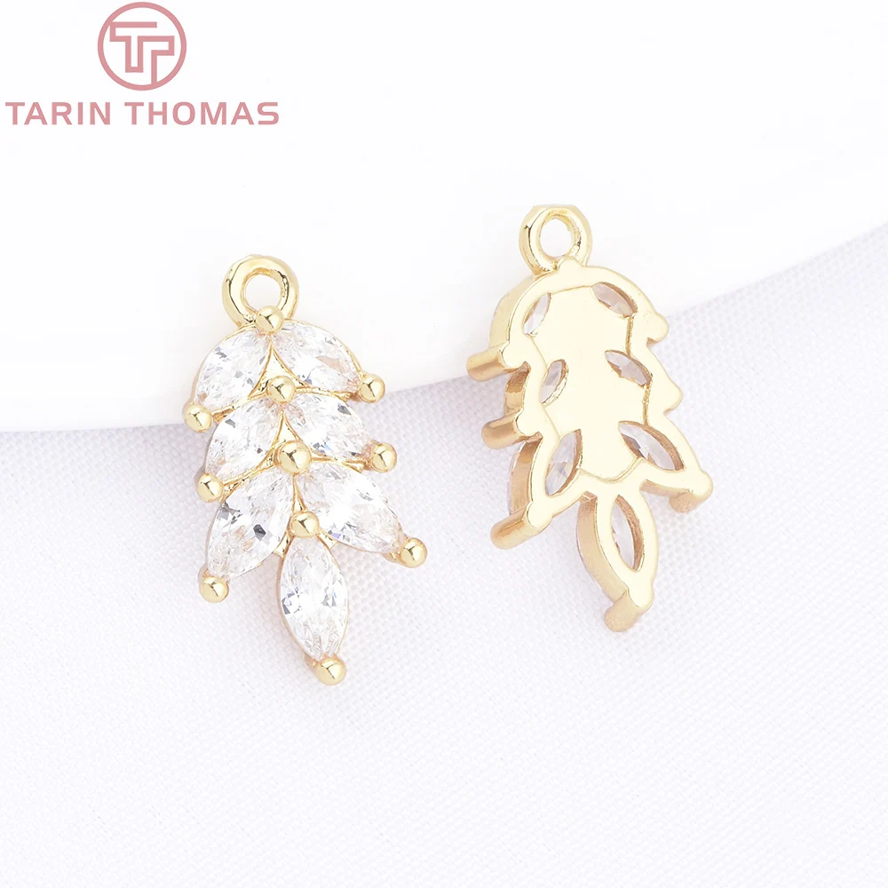 (7778) 6 Buah 10x17.5MM Warna Emas 24K Kuningan dengan Liontin Daun Zirkon Berkualitas Tinggi untuk Pembuatan Perhiasan DIY Aksesoris