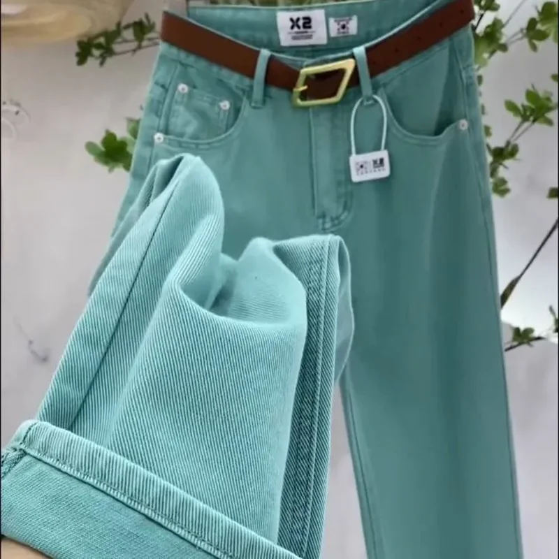 

Зеленые джинсы Dopamine Wearing Lake Water, женские весенне-осенние 2026, новые утягивающие прямые широкие джинсовые брюки с высокой талией