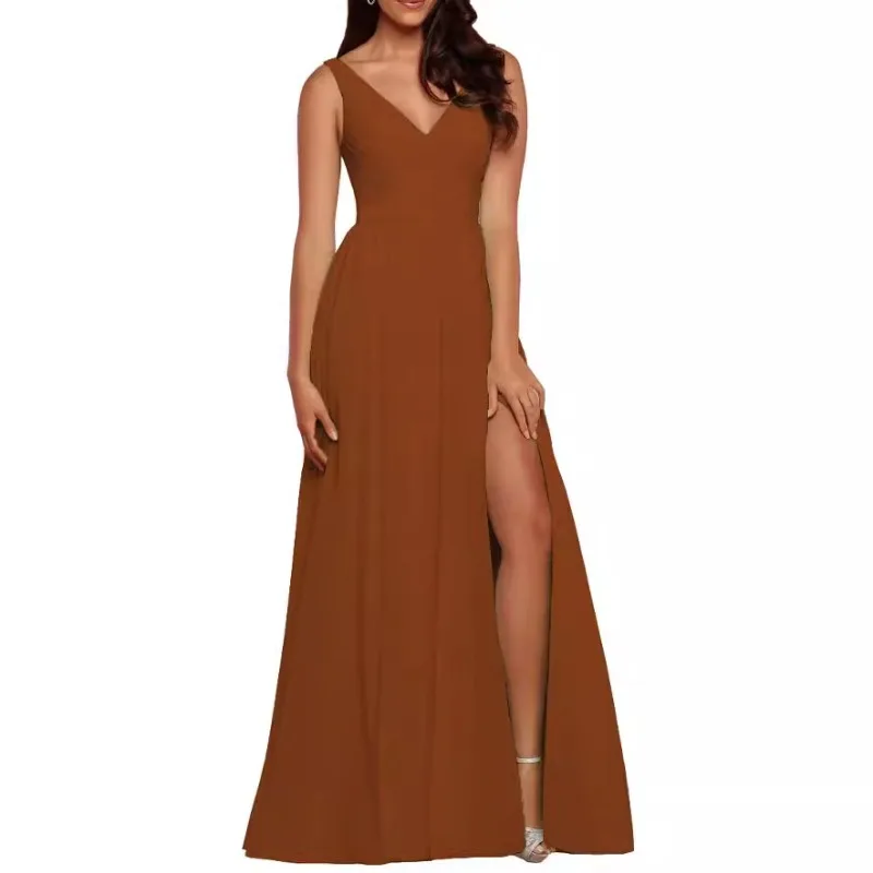 

V-neck Simple Summer Chiifom Formal Party Dress Chic Folds Designed Prom Long Dresses Women Sleeveless Solid Vestidos Noche