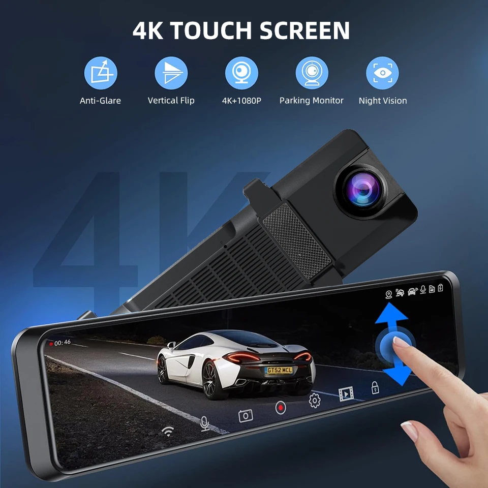 4K Touch Screen GPS Mirror Dashcam 12'' Rearview Front Optional Rear Dual Lens Parking Assist APP Control 24/7 Parking Monitor