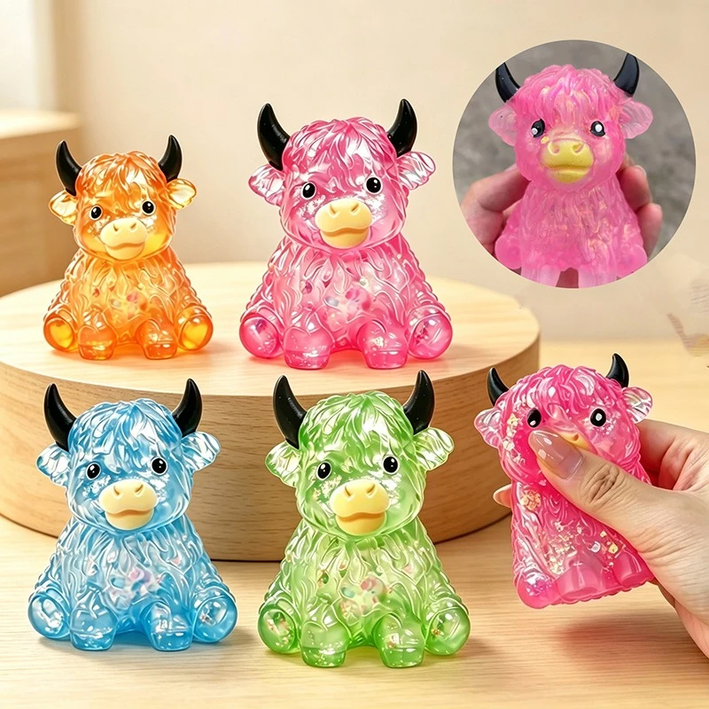 Brinquedo Anti-Stress de Vaca Highland Fofa de Maltose, Brinquedo Macio de Apertar em Formato de Vaca, Pequeno Brinquedo de Descompressão de Animais Fofos para Alívio do Estresse