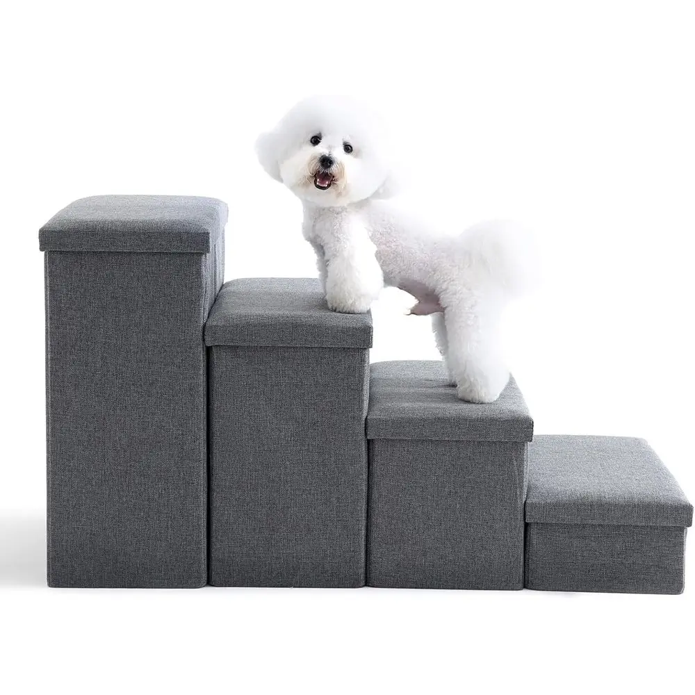 

4-Step Folding Pet Stairs with Storage for Small Dogs, High Bed Access, Supports Up to 200 lbs