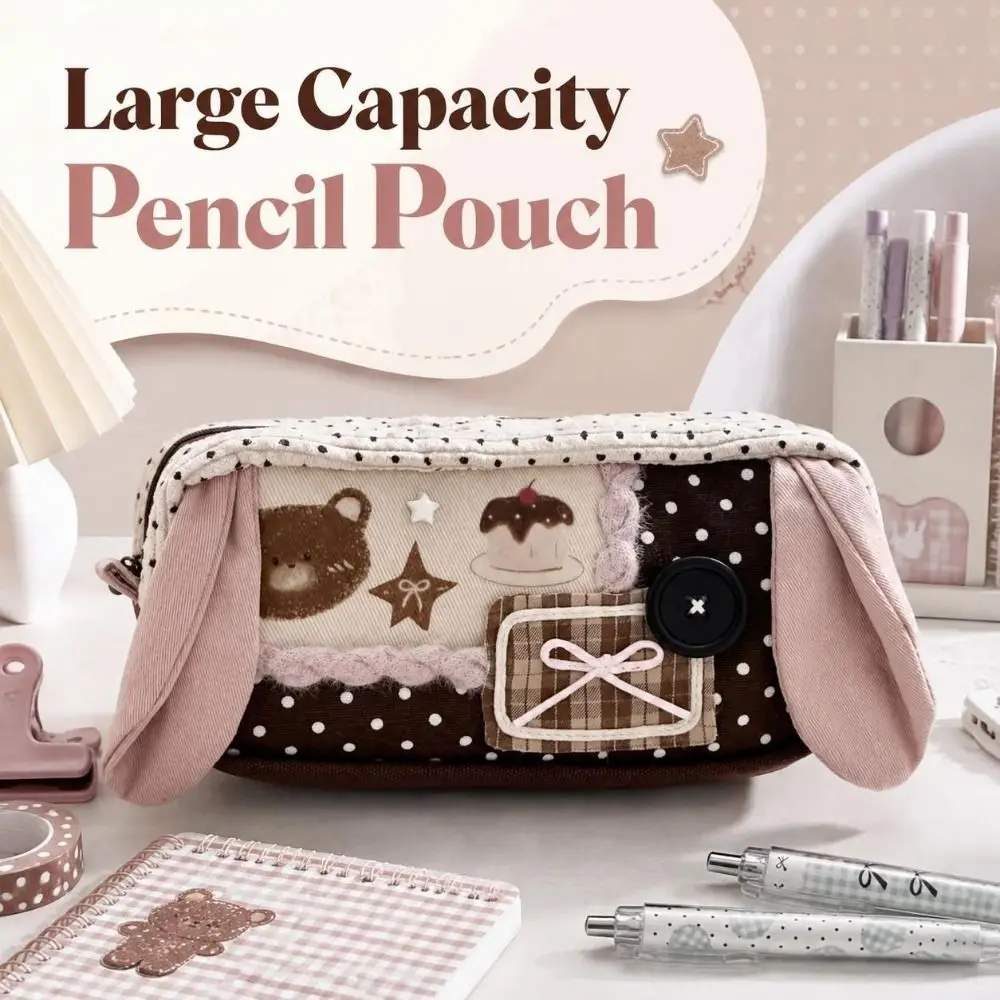 Multi Layer Rabbit Ears Pencil Pouch Large Capacity Handmade Lace Stationery Bag Polka Dots Zippered Cute Pen Storage Case