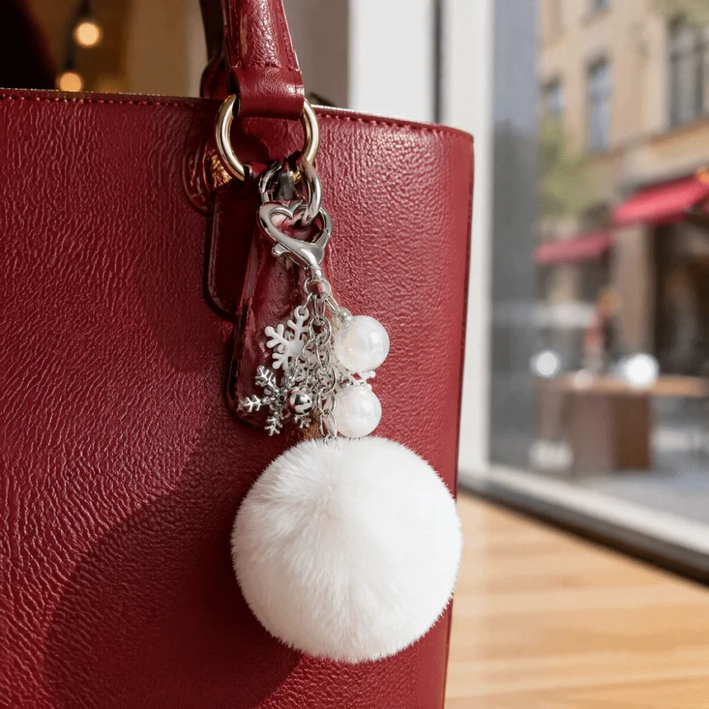 Stylish Soft Plush Fluffy Ball Keychain Snowflake Bell Cute Christmas Keychain Versatile Elegant Bag Charm Party Favor