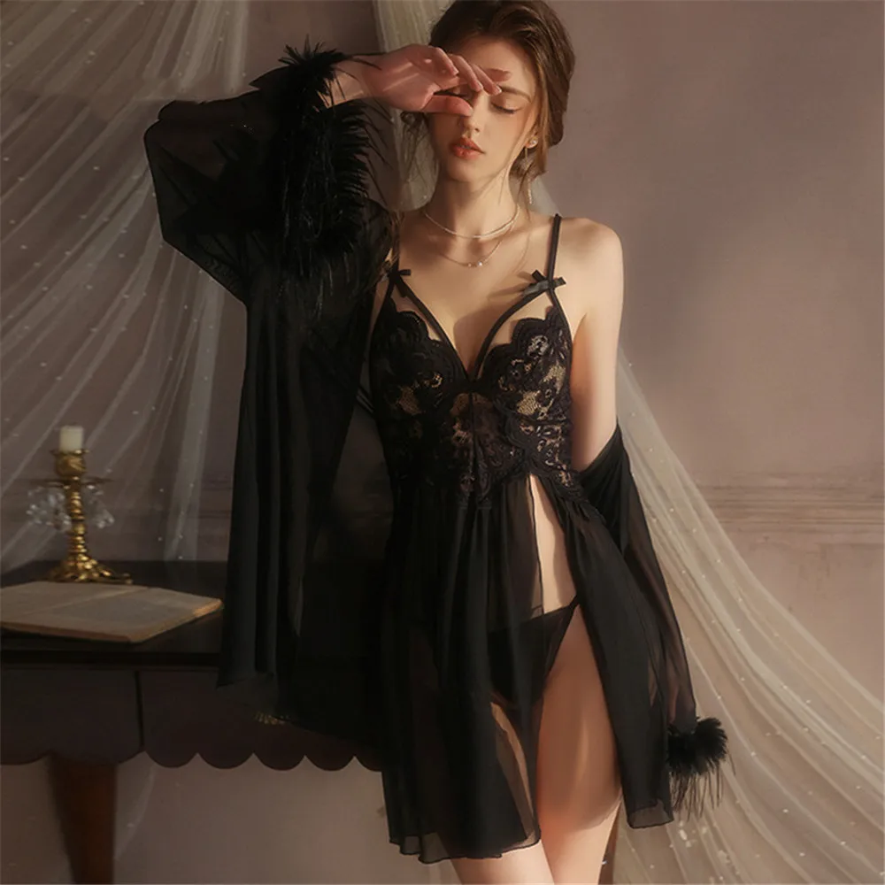 

Женский черный сетчатый двойной халат, ночная рубашка, сексуальная кружевная ночная рубашка с открытой спиной, домашняя одежда, одежда для сна