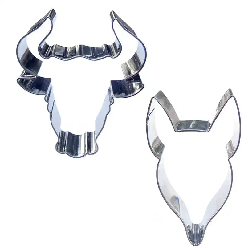 2 pcs Bull Head Fox Head Stainless steel Cookie cutter biscuit embossing machine Pastry soft sweets molds Cake decorating Tools