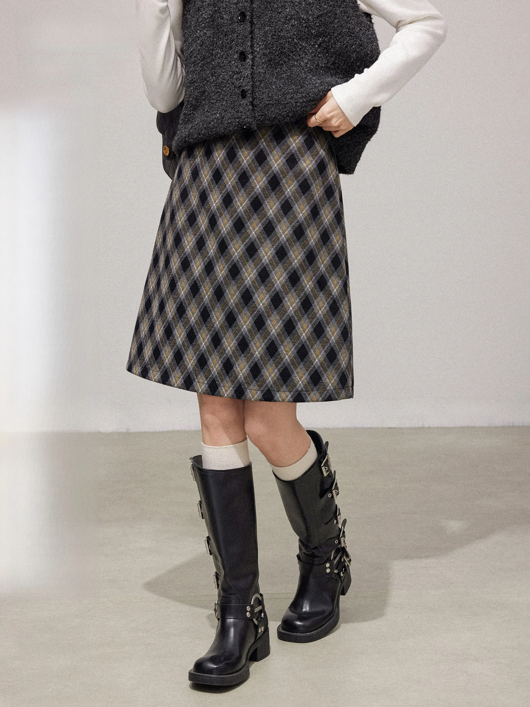 

Юбка женская с высокой талией в клетку, осенне-зимняя, новая, в стиле ретро, с цветовыми блоками, А-силуэт, прямого кроя, стройнящая, повседневная