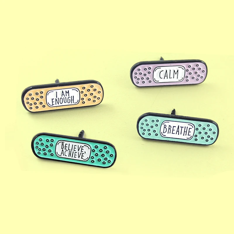 

Cute Band-aid Brooch Enamel Pins CALM,BELIEVE,ACHIEVE BREATHE,I AM ENOUGH Trendy Badge Brooches For Women Pins Orecchini Bijoux