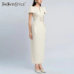 TWOTWINSTYLE Solid Slimming Spliced Bow Dresses for Women Round Neck Short Sleeves Patchwork Folds Dress Female Fashion Clothing