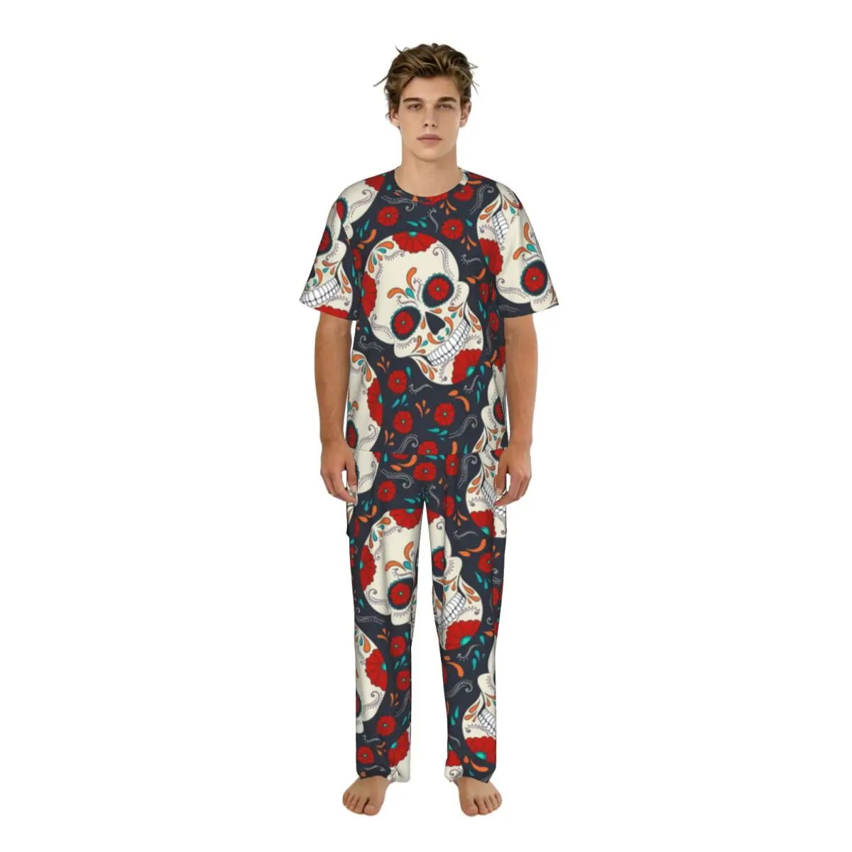 

Мужской комплект пижамы: летние топы с короткими рукавами + длинные брюки, домашняя одежда, костюмы для сна с принтом черепов в стиле День мертвых