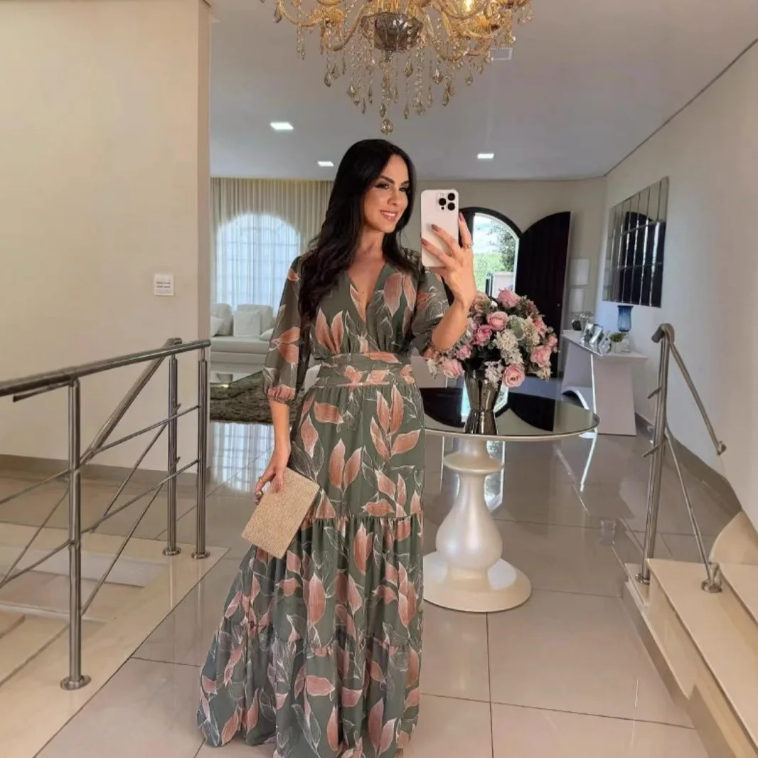 Summer Women Dresses Floral Print Ruffles Boho V-neck Short Sleeve Casual Loose Beach Dress Elegant Holiday Maxi Long Dress Robe