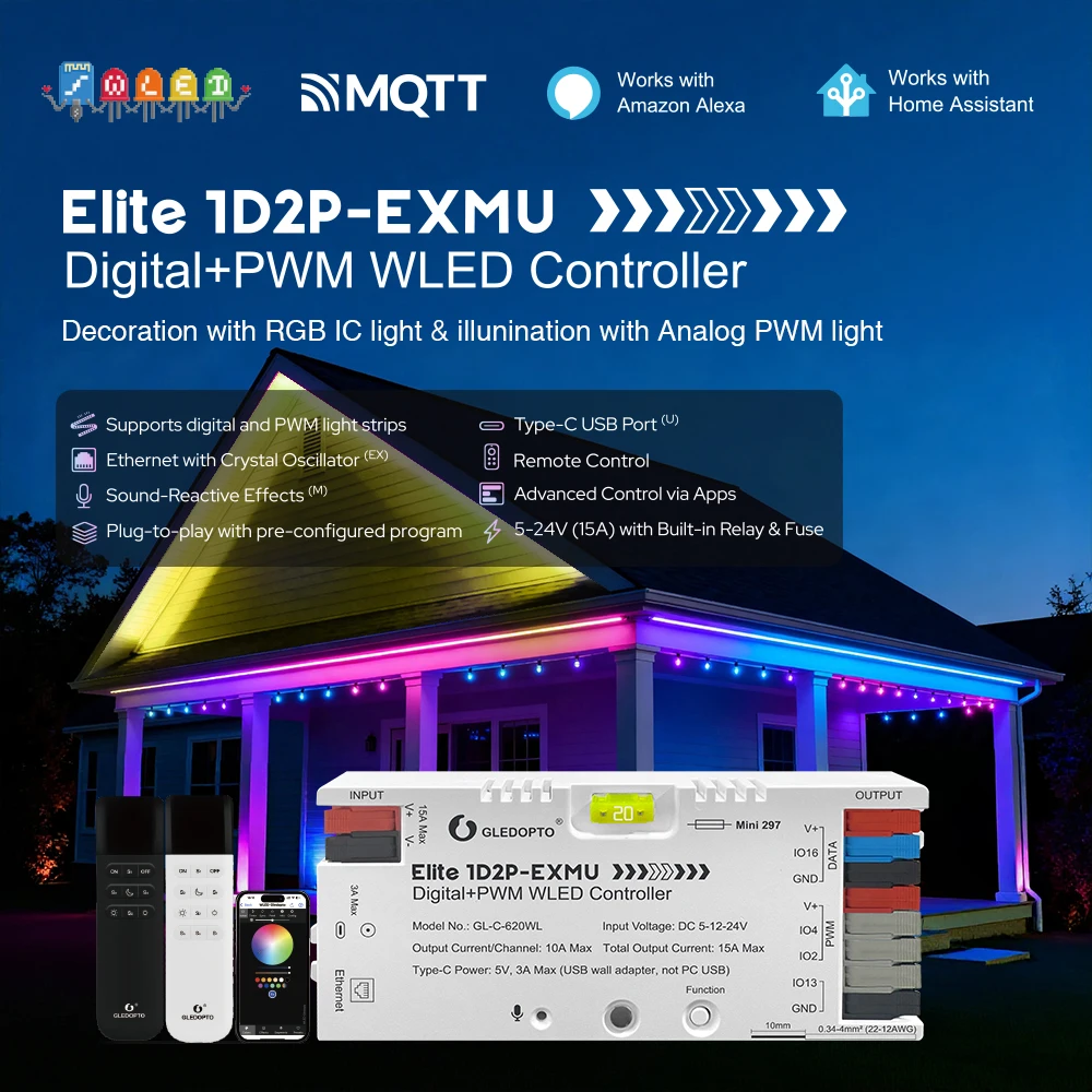 Elite 1D2P-EXMU WLED Controller GL-C-620WL Support 5-24V Digital + PWM 15A Built-in Relay & Fuse Ethernet Type-C Sound-Reactive