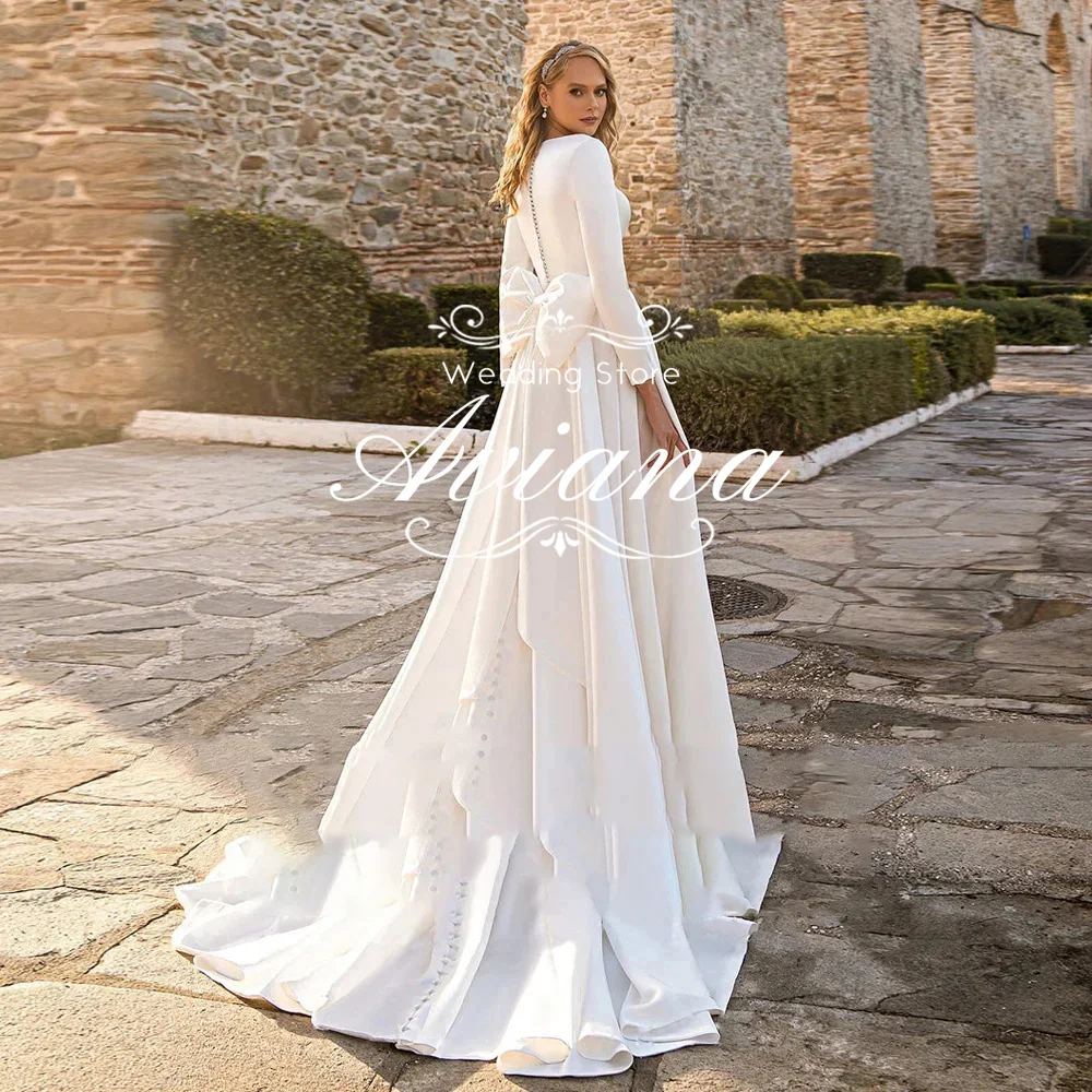 Aviana Customized Long Sleeve Round Neck Satin Wedding Dress A-Line Large Bow Elegant Sweep Train Ruffles New Design Classic