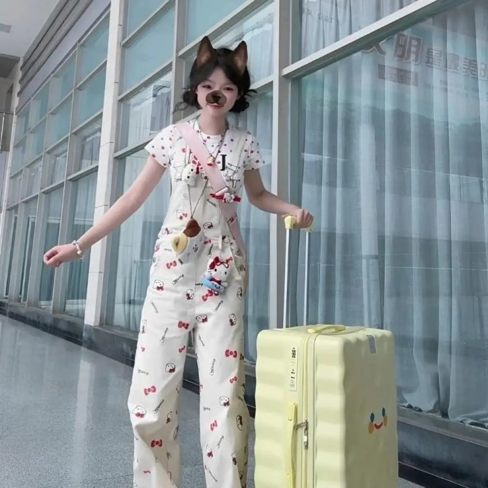 

Anime Hello Kitty Sweet Retro Overalls for Women 2025 Cartoon Cute Summer New Girls Student Loose Slim Jumpsuit Wide-Leg Pants