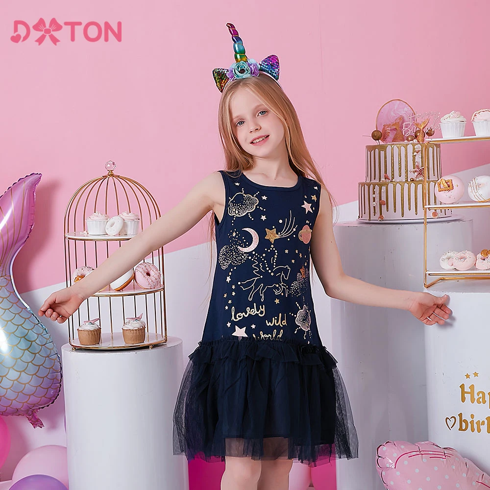 DXTON Sukienka bez rękawów dla dziewczynek Letnia sukienka dla dzieci z jednorożcem Gwiazda List Print Sukienka dla dzieci Bawełniana siateczka Patchwork Odzież dla dziewczynek