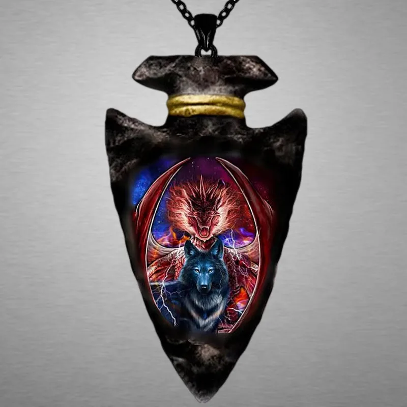 Hip Hop Triangle Animal Sticker Dragon and Wolf Pendant Necklace Punk Necklace for Men Stainless Steel Jewelry Party Men Gift