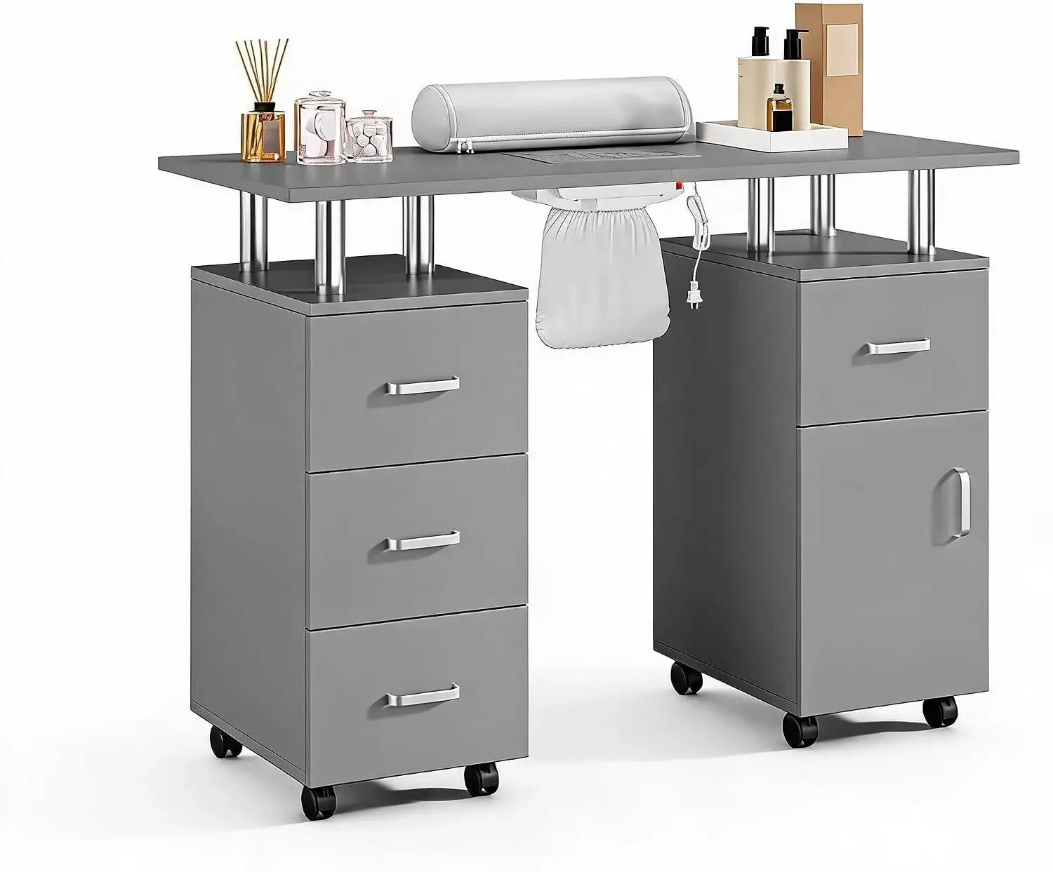 Mobile Manicure Table on Wheels, Portable Nail Desk with Storage - Pro Manicure Station with Dust Collector & Wrist Cushion, 4 D