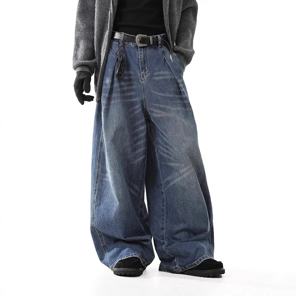 Firmranch Vintage Washed Deep Blue Baggy Jeans For Men Women Wide Leg Denim Pants Loose Moustache Effect Trouser Streetwear