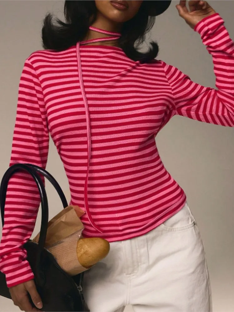 

2025 Autumn New Arrival Temperament Slim Striped Stretch Round Neck Long Sleeve Top For Women All-match Simple Style Comfortable