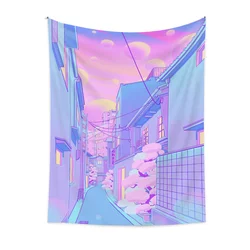 Purple landscape city building tapestry anime character wall hanging cloth bedside carpet room decoration tapestry