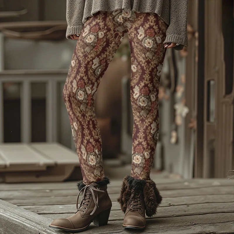 Damen-Leggings im Vintage-Stil, bunter Blumendruck, dicke Winter-Leggings, warme Thermo-Strumpfhose für Herbst und Winter, modische, weiche, dehnbare Hose – Detail 15
