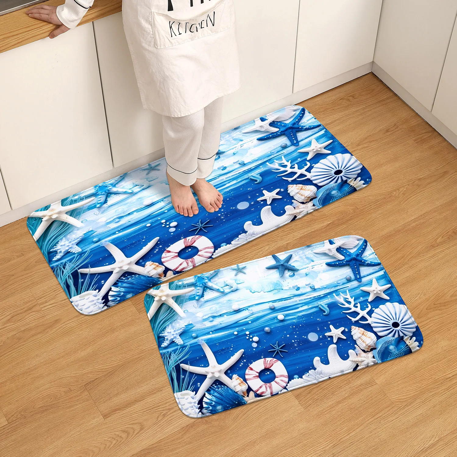 قطعة واحدة من قشرة شاطئ المحيط وطباعة نجم البحر سجادة مضادة للانزلاق سريعة الجفاف من البوليستر لسجادة المدخل الداخلي/الخارجي،
