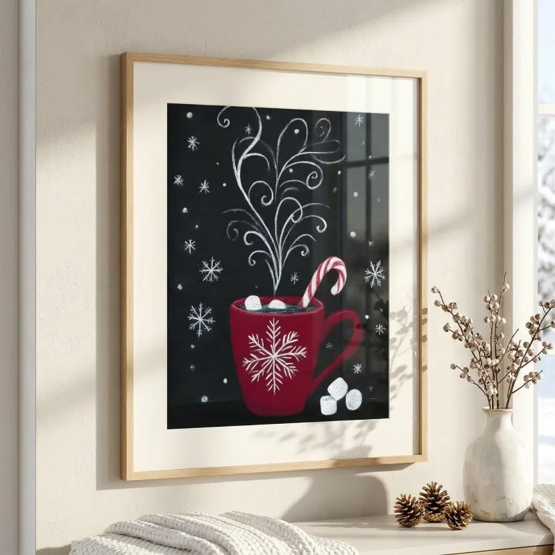 Vintage Christmas Canvas Wall Art Red Mug Candy Cane Snowflake Festive Winter Holiday Home Wall Print Unframed Canvas Poster