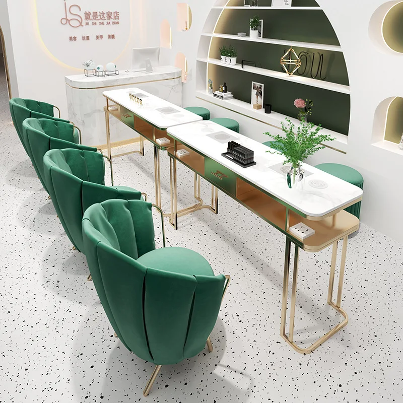 

High-end Luxury Design Custom Manicure Table With Baking Lamp Nail Salon Furniture Single Double Nail Desks and Chairs Set